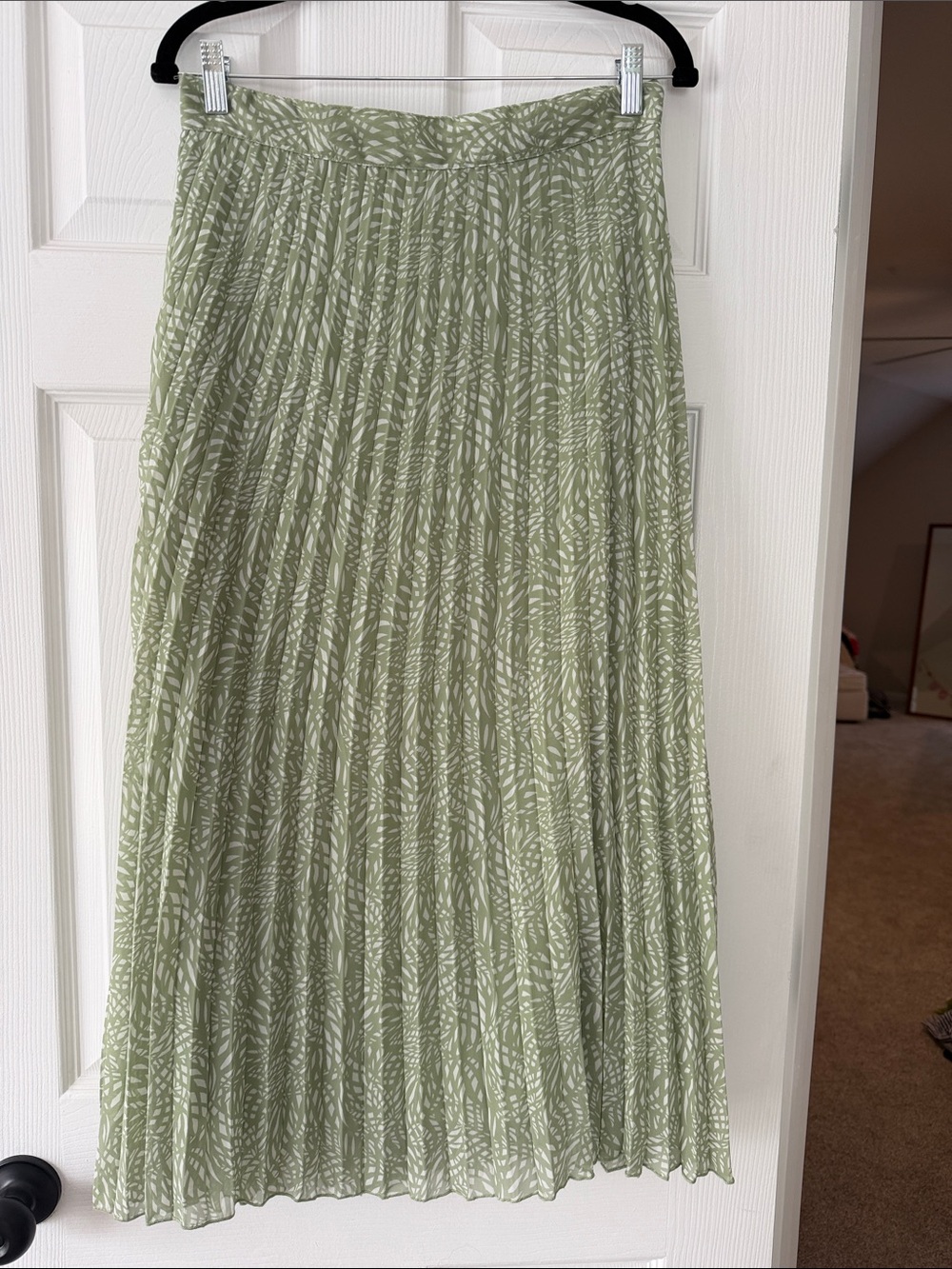 Japna Light Olive Green Pleated Maxi Skirt with White Leaf Print
